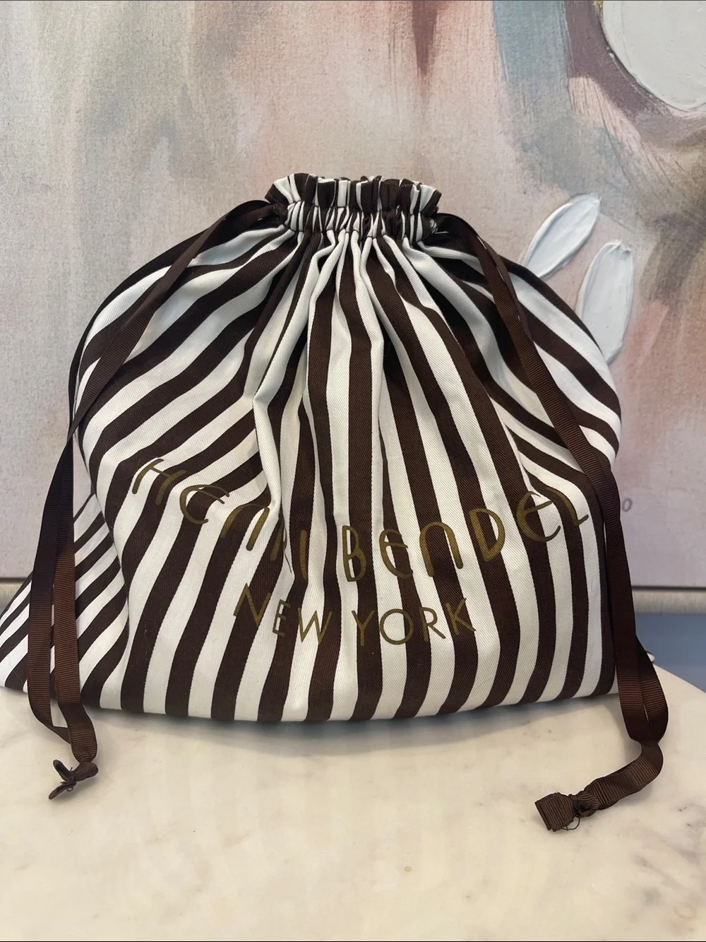 Henri Bendel Brown & White Striped Dustbag with Gold Logo - 15” x 16.5”